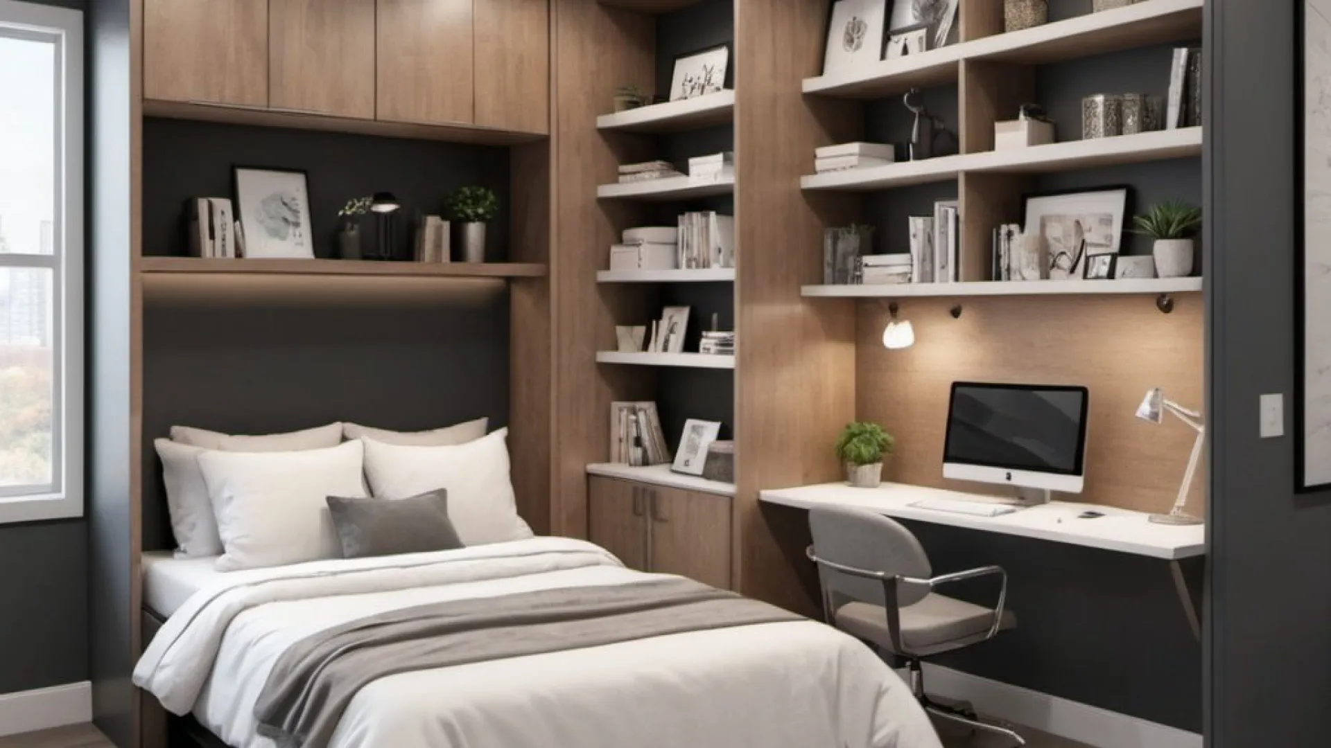 Guest bedroom with wall bed or murphy bed and a white comforter, built-in shelves, and a modern desk with a computer