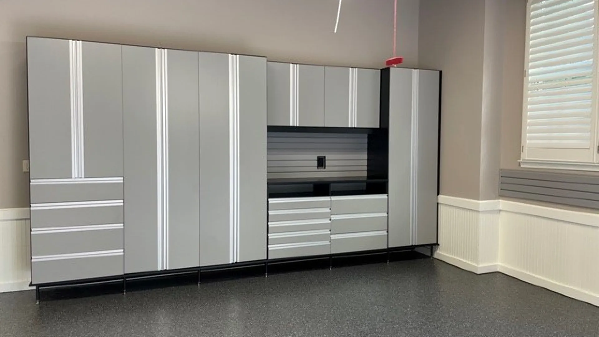 a room with white cabinets