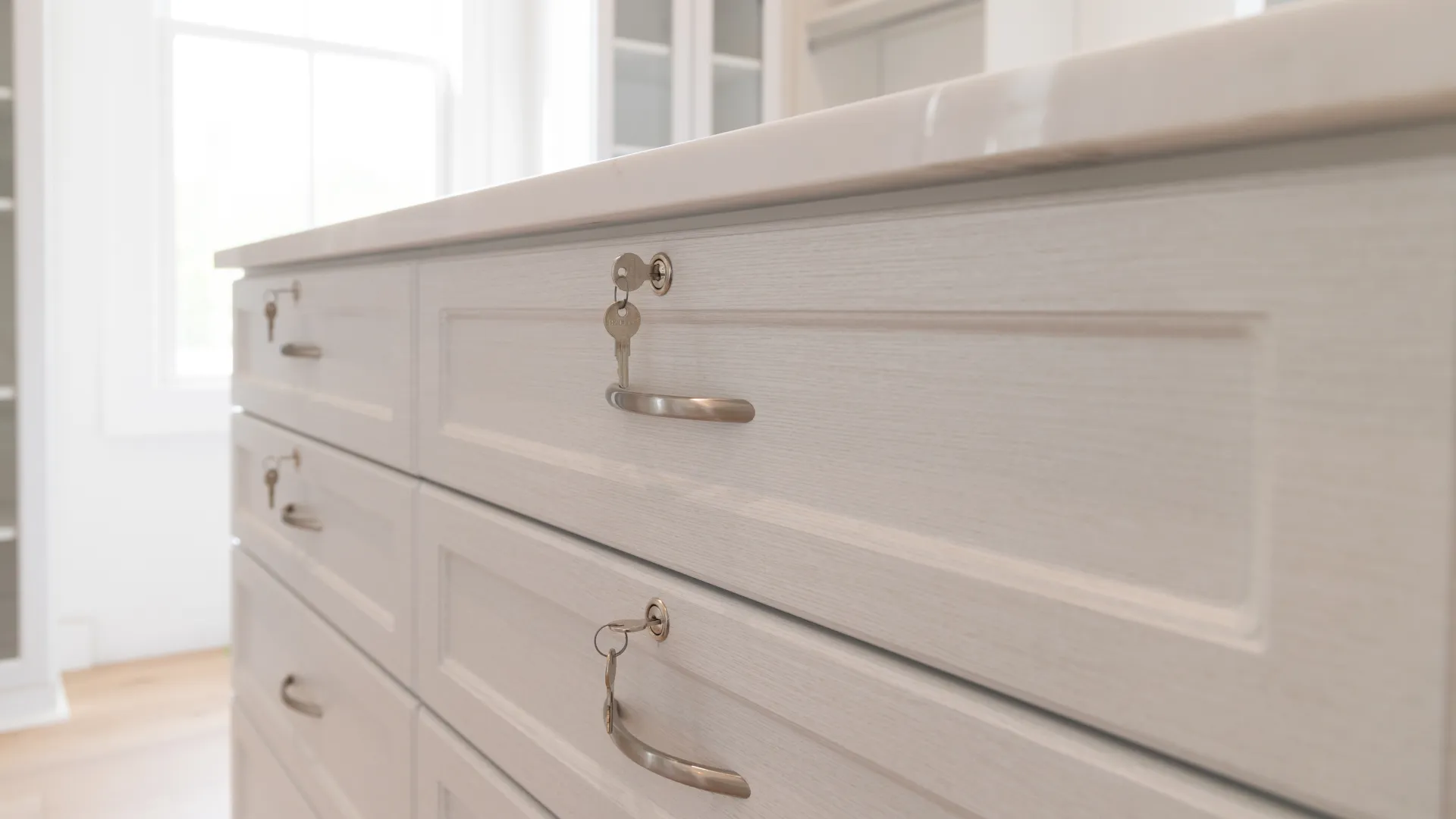 a white dresser with a silver handle