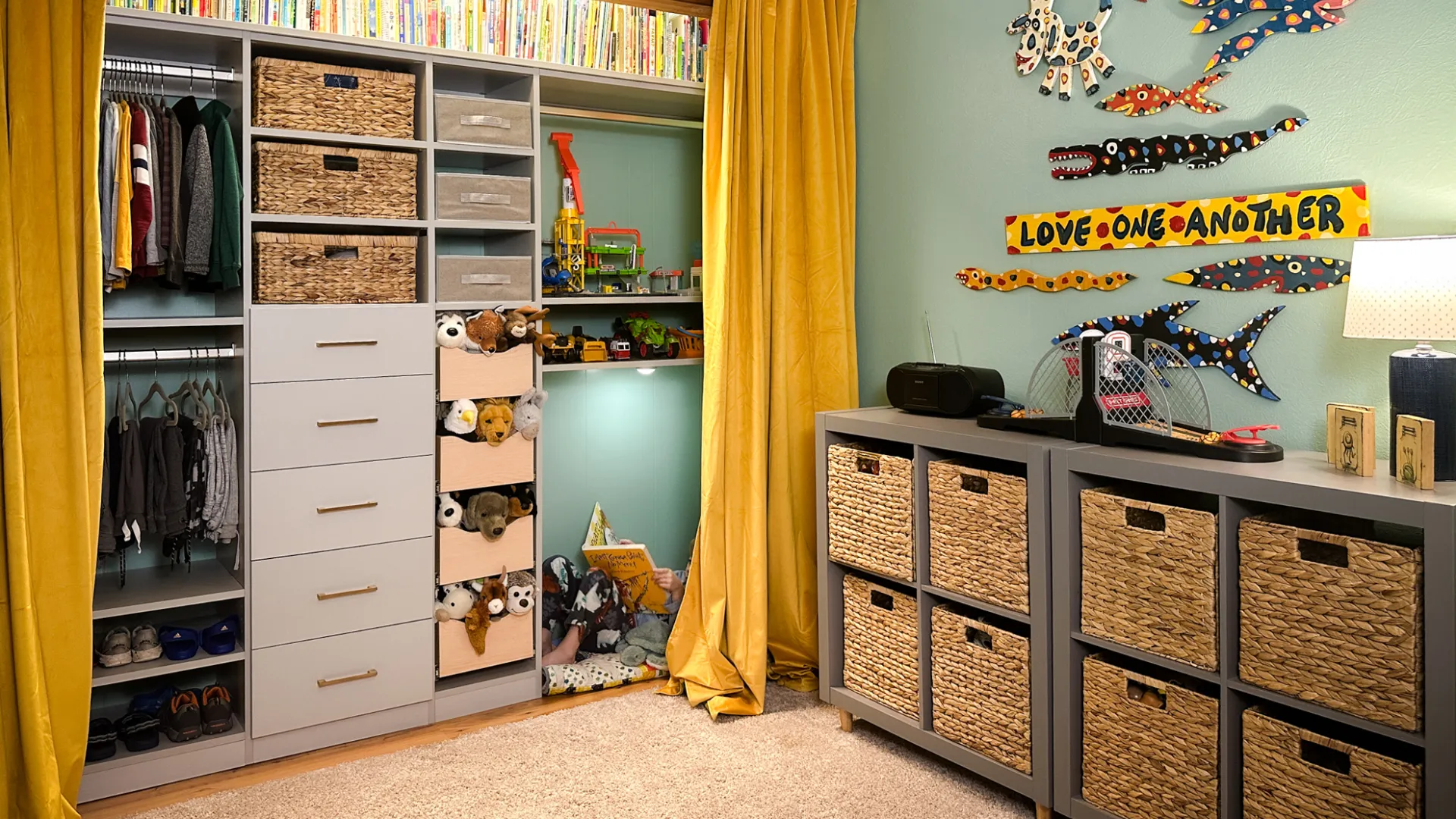 a children's closet with a cabinet and a shelf with objects on it