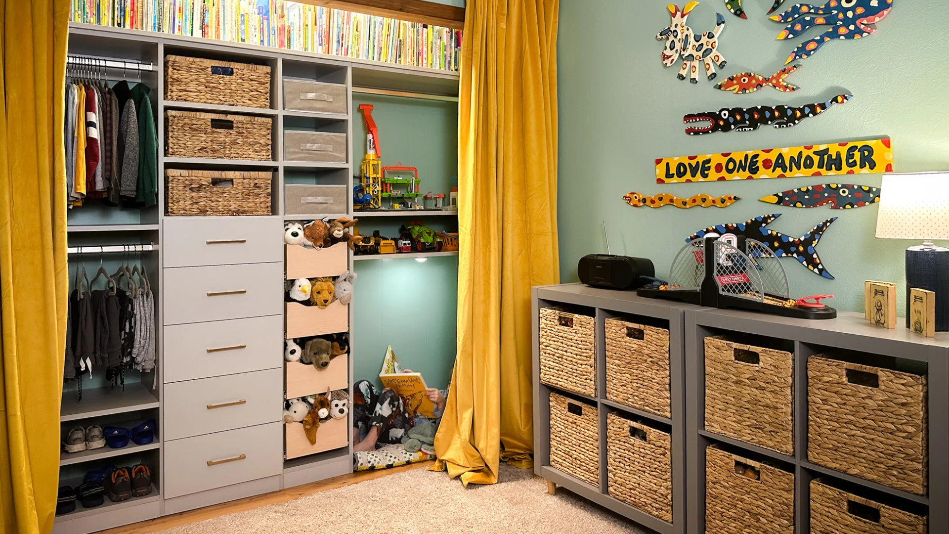 a child's closet with a cabinet and a shelf with objects on it