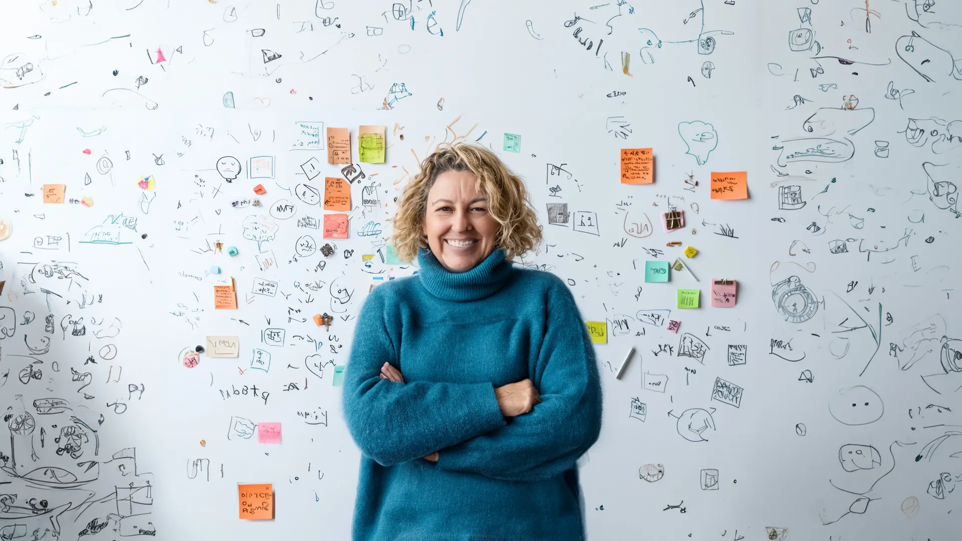 a person standing in front of a wall covered in notes