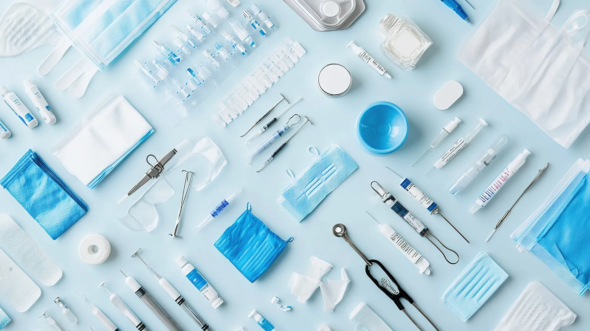 Flat lay of various medical supplies including syringes, masks, gloves, and instruments on a light surface.
