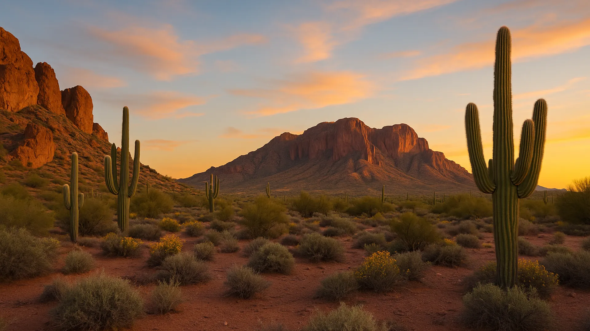Desert landscape with tall saguaro cacti, shrubs, and mountains under a colorful sunset sky.