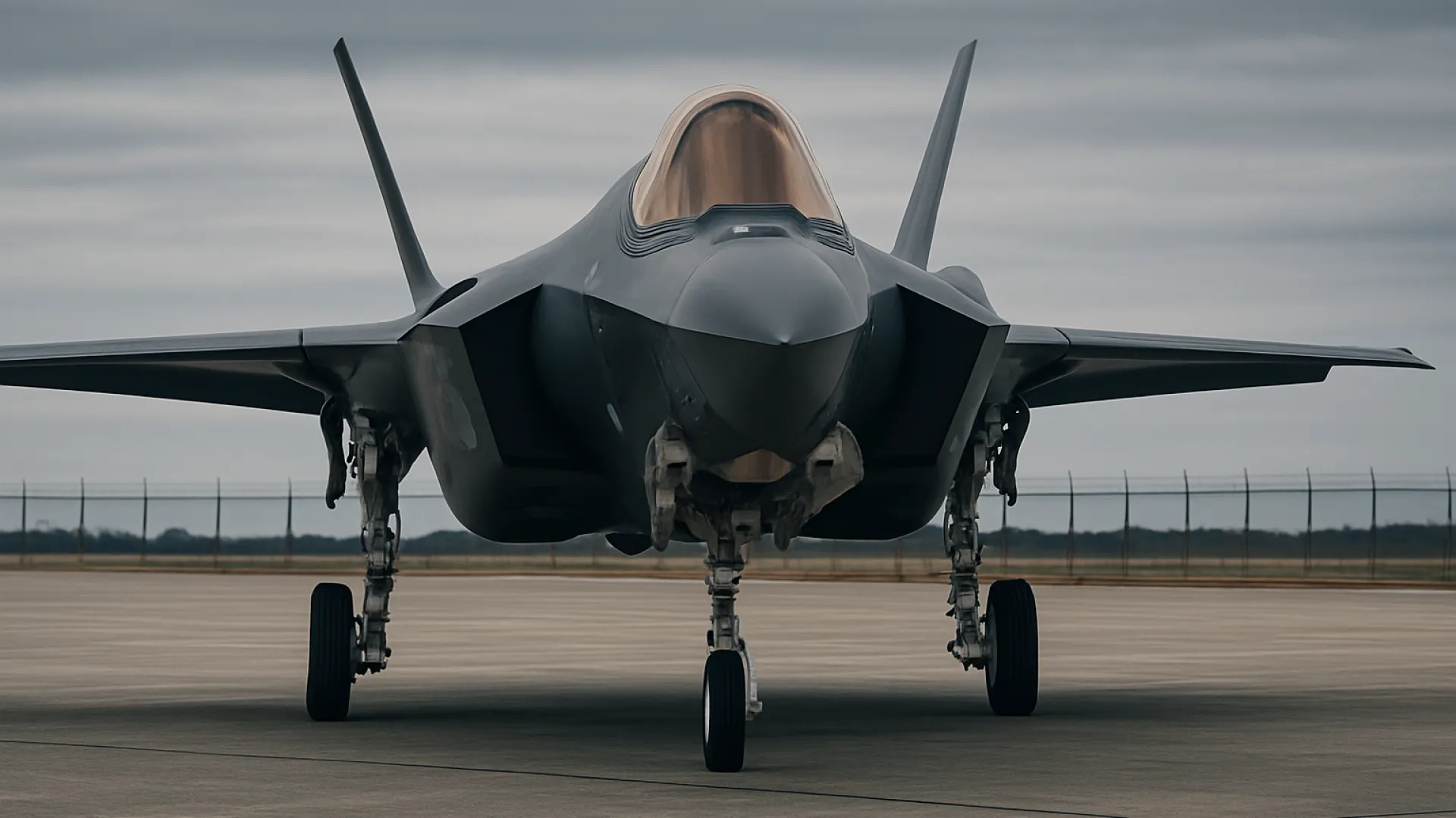 Front view of a modern stealth fighter jet on runway under cloudy sky at airbase