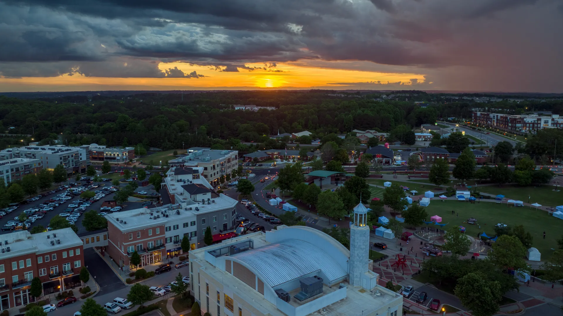 a city with a sunset