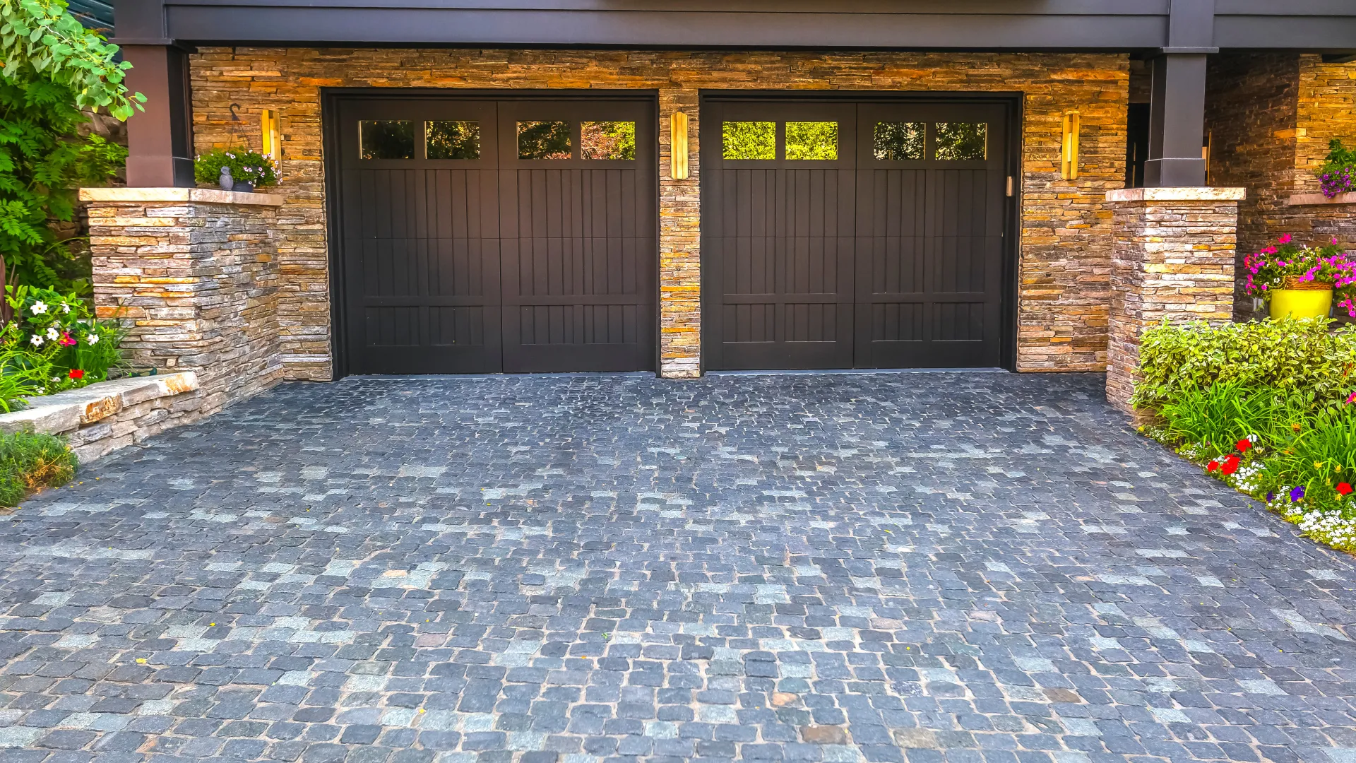 a brick walkway with a brick building and a brick walkway