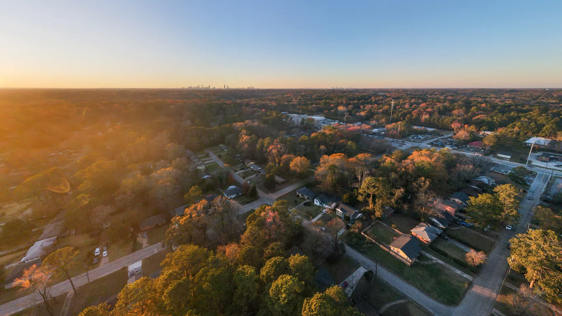 a landscape with trees and buildings