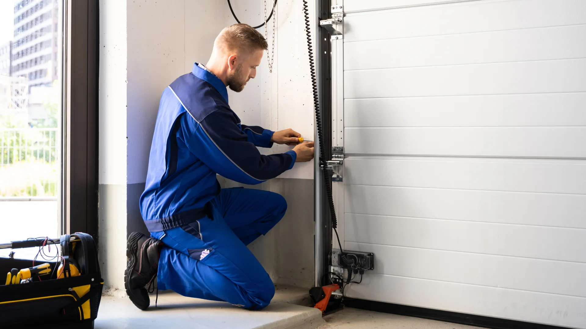 Technician in blue coveralls repairing a garage door mechanism in a modern garage.