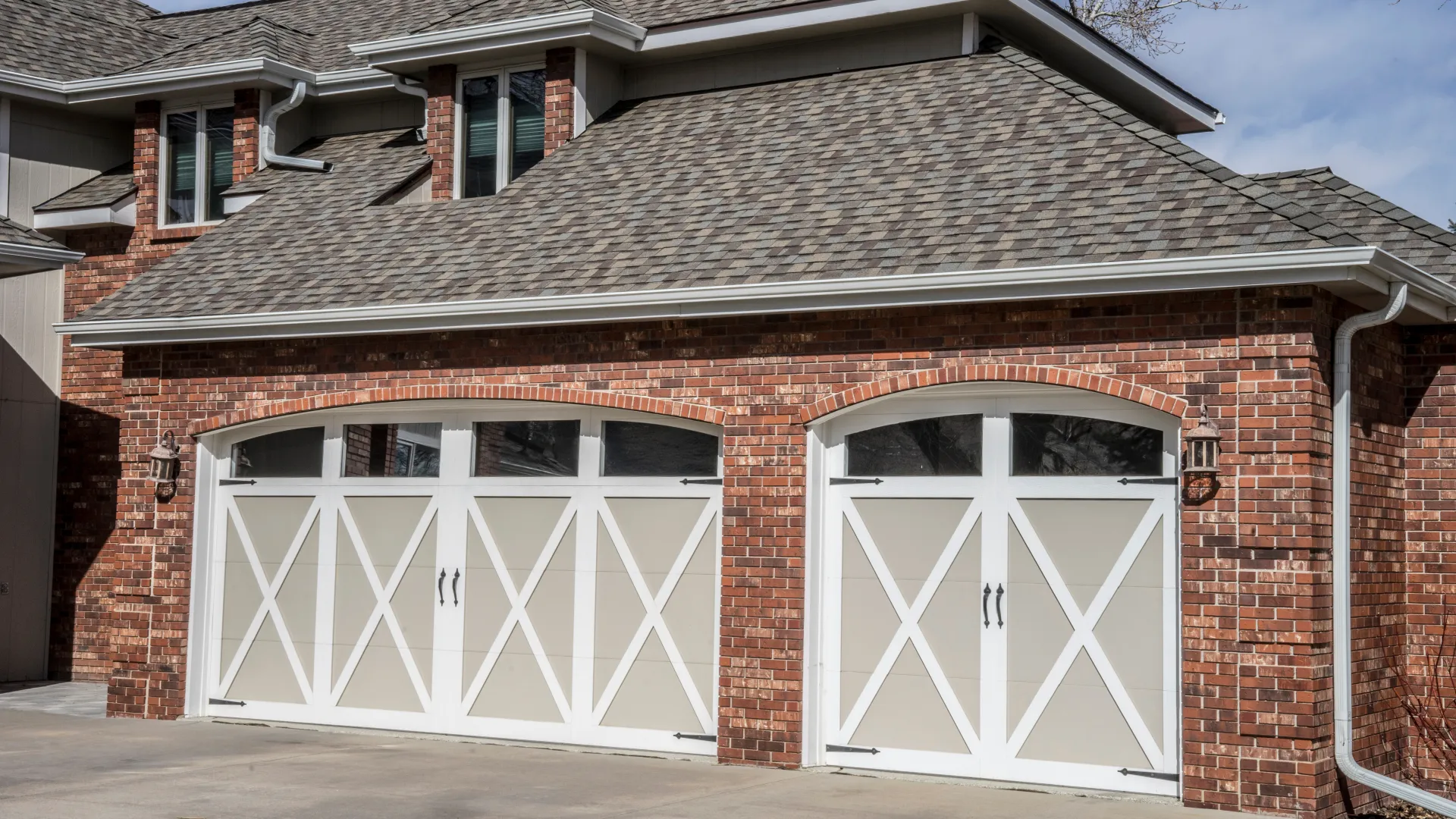 a brick building with garages