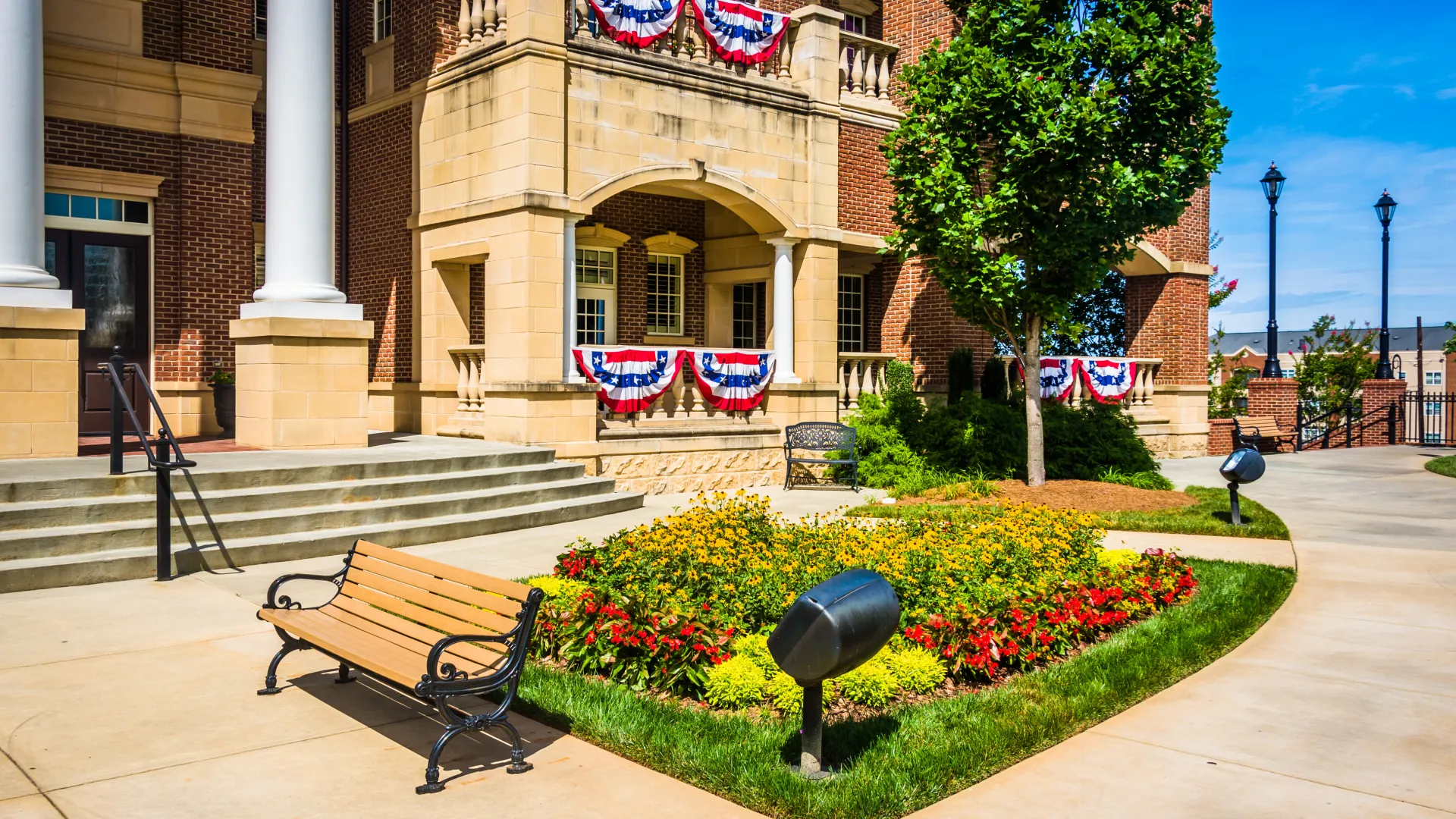 a bench in front of a building