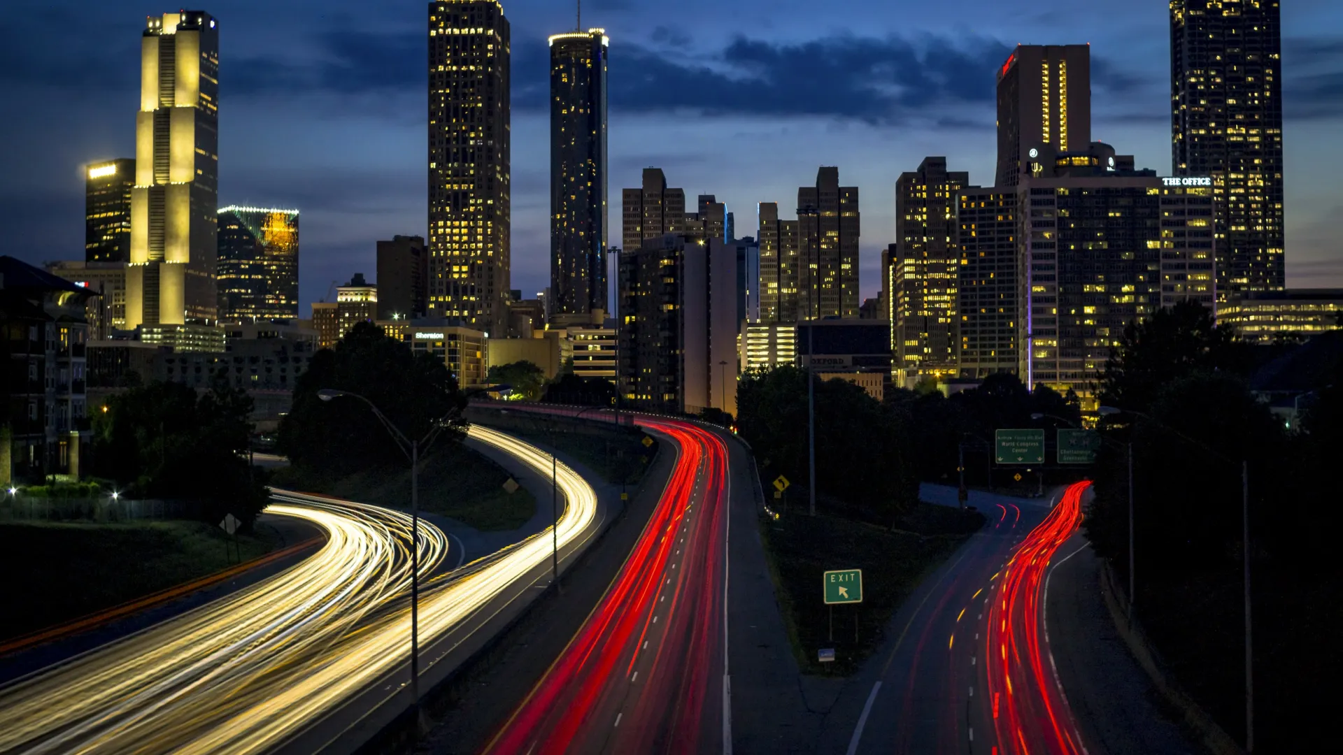 a city skyline at night