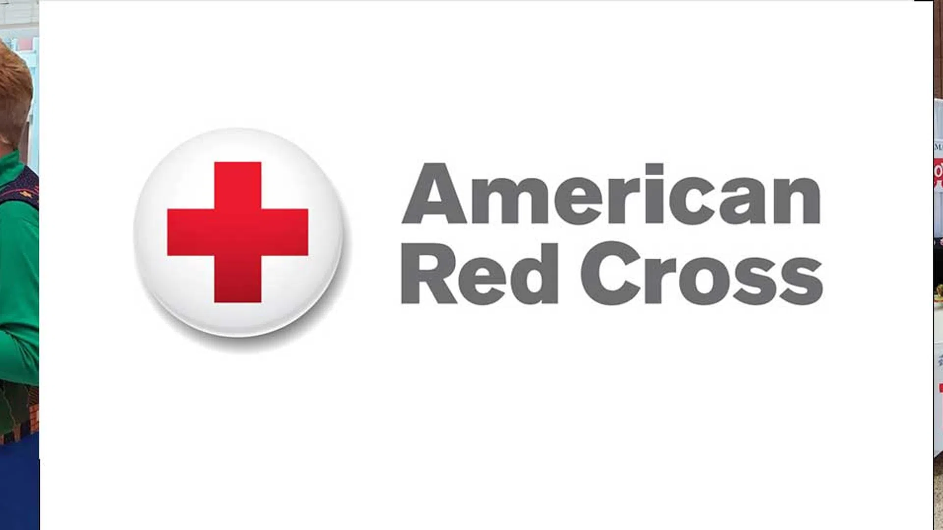 American Red Cross logo centered with festive volunteers at charity booths celebrating holiday giving.