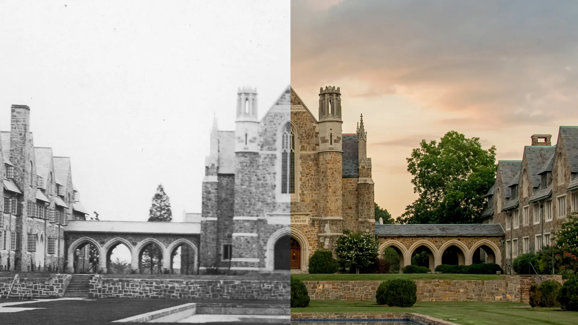 Half black and white historical photo and half color modern photo of a stone Gothic-style university building with arches and a lawn.