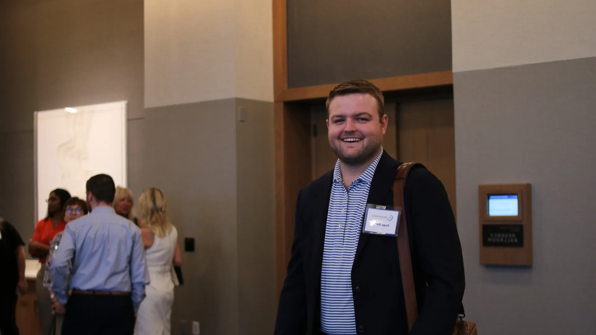 a person wearing a name tag