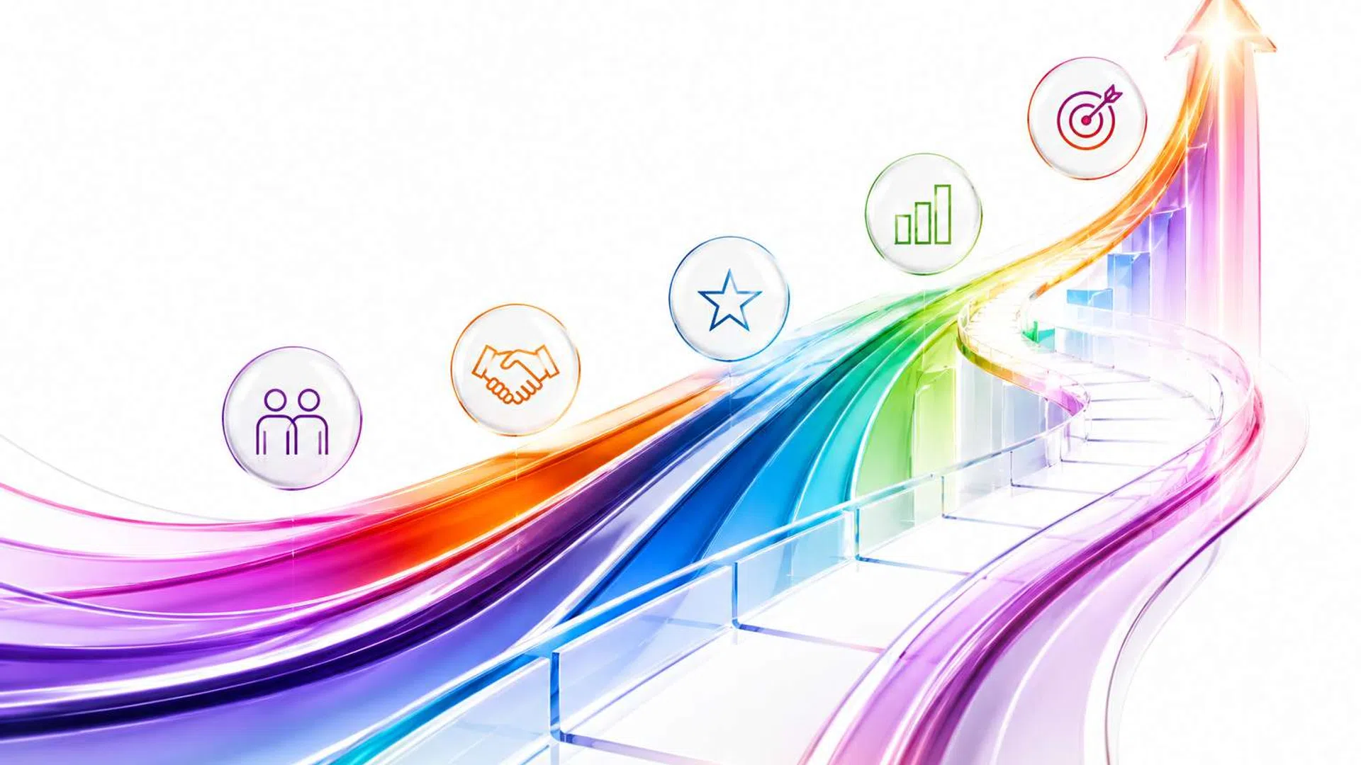 Colorful upward arrow with icons representing teamwork, partnership, success, growth, and target goals