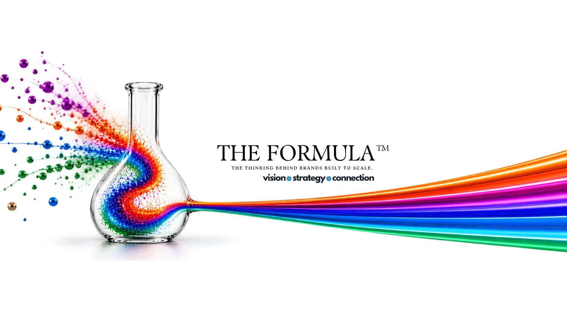 Clear glass flask with colorful particles flowing in and out, symbolizing vision, strategy, and connection.