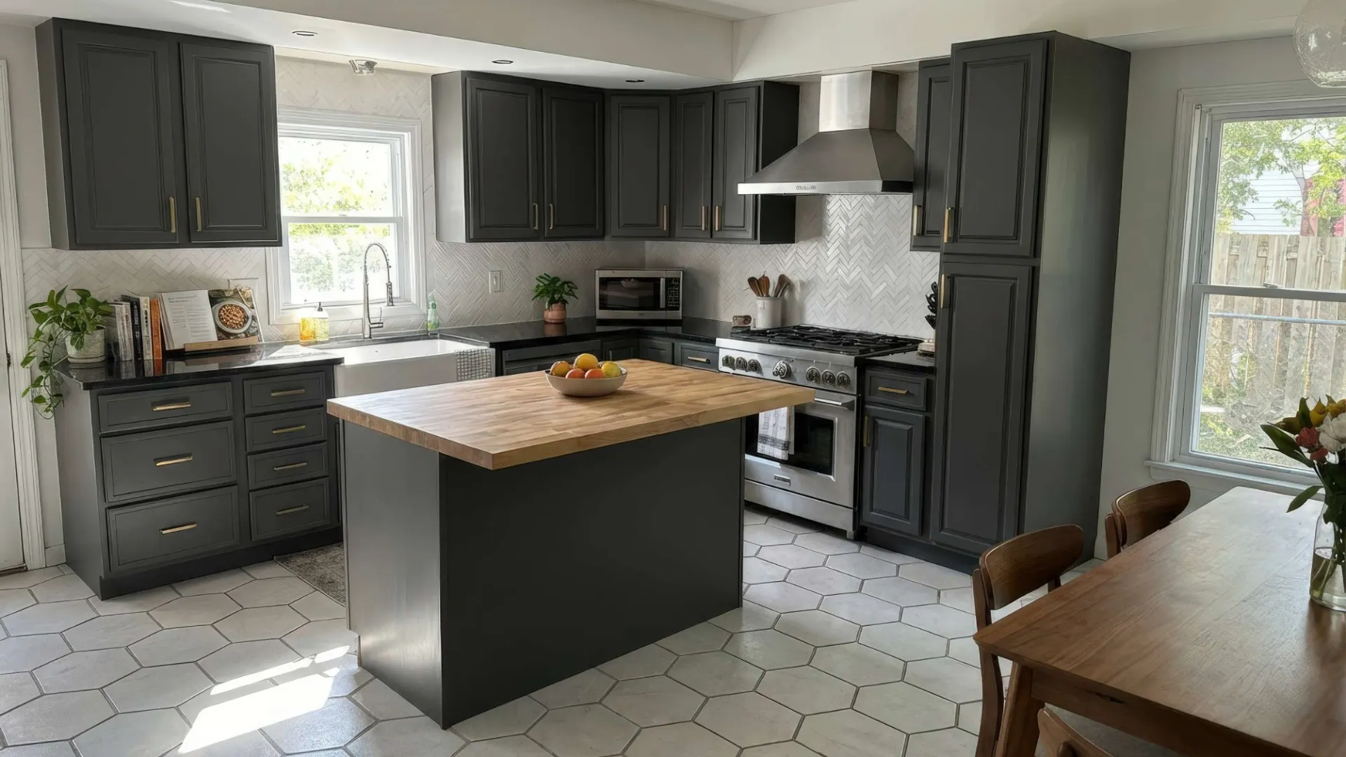 Modern kitchen with navy lower cabinets, white upper cabinets, wooden island, and stainless steel appliances under pendant lights