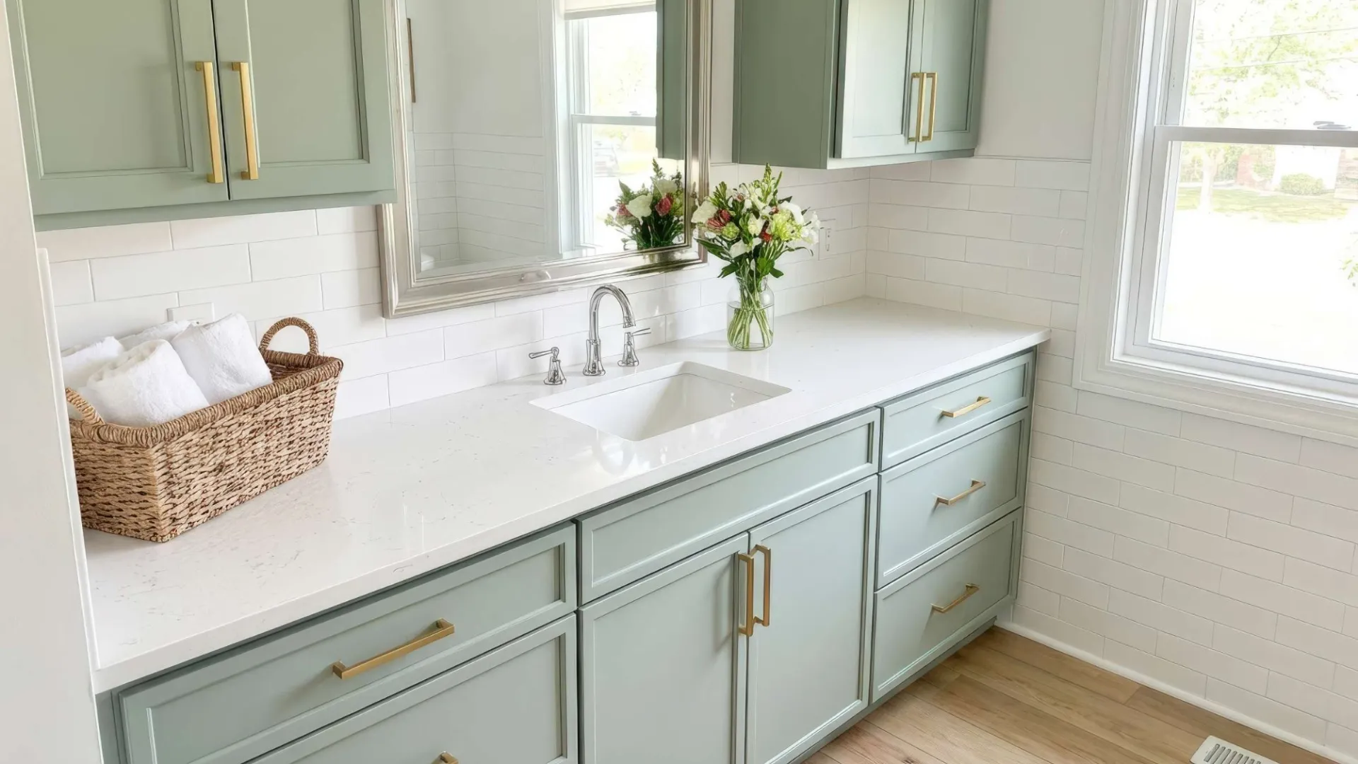 Bright modern bathroom vanity with light green cabinets, white countertop, gold handles, mirror, and window light.