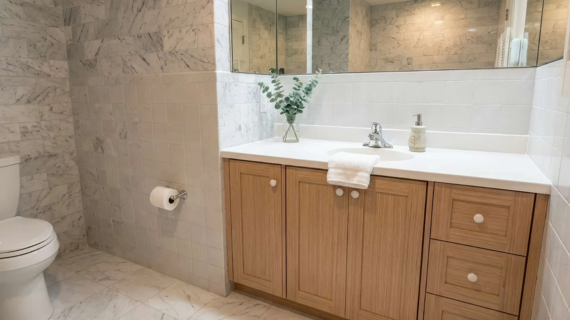 Modern bathroom with marble tile walls and floor, wooden vanity, large mirror, and white toilet.