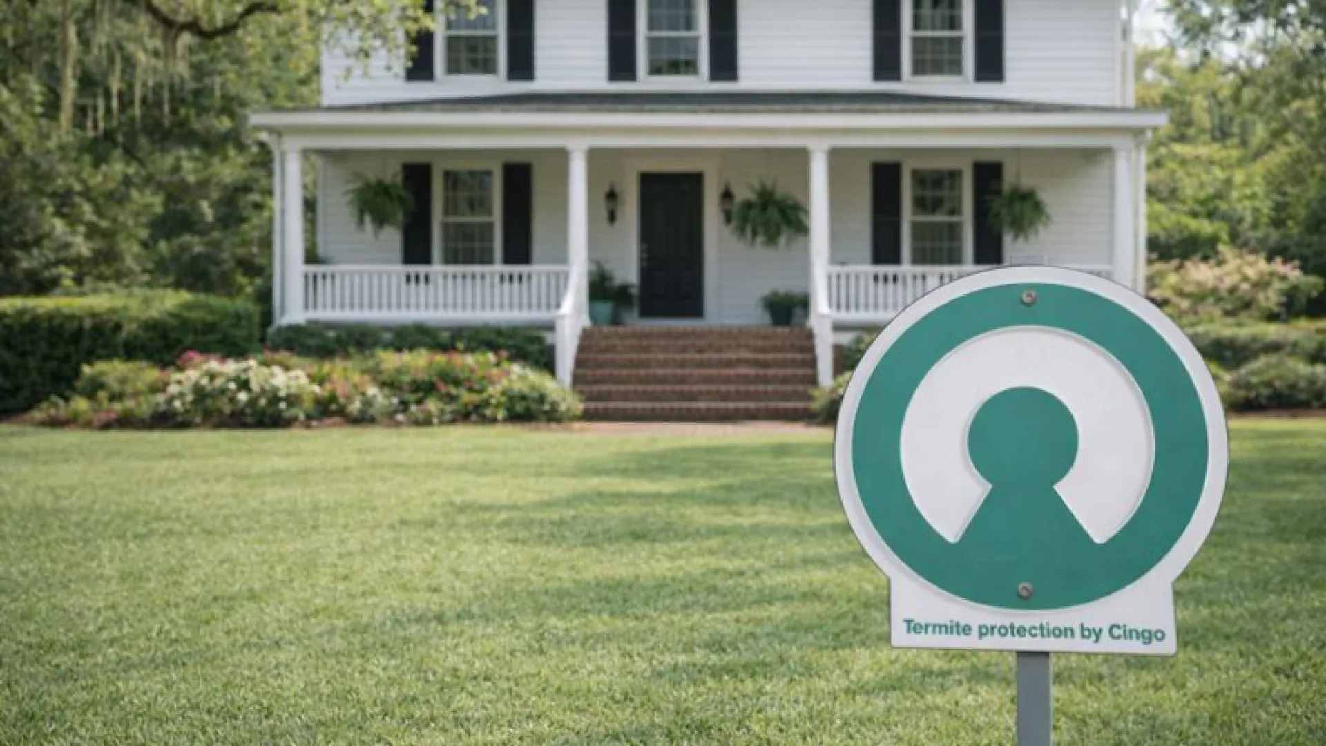 White two-story house with green lawn and termite protection sign by Cingo in the foreground.