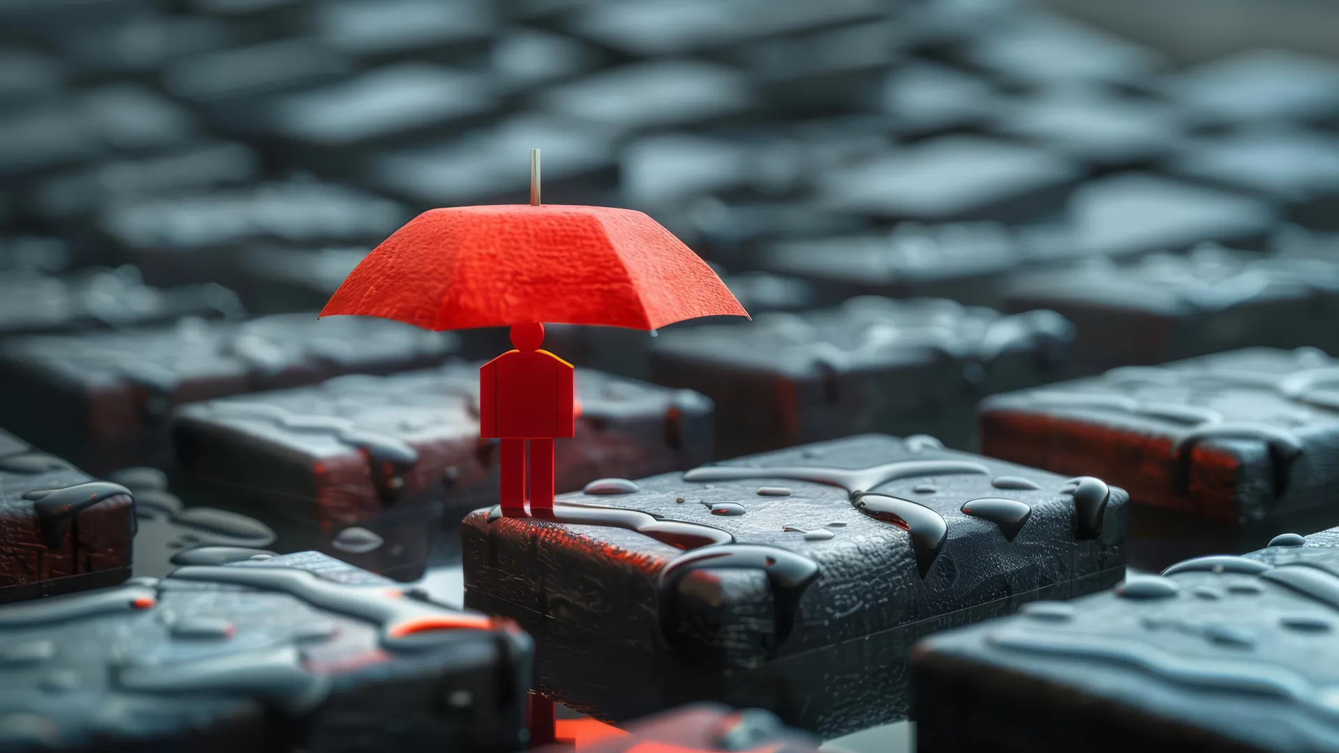 Red figure holding umbrella standing on wet black blocks symbolizing protection and resilience in a rainy environment