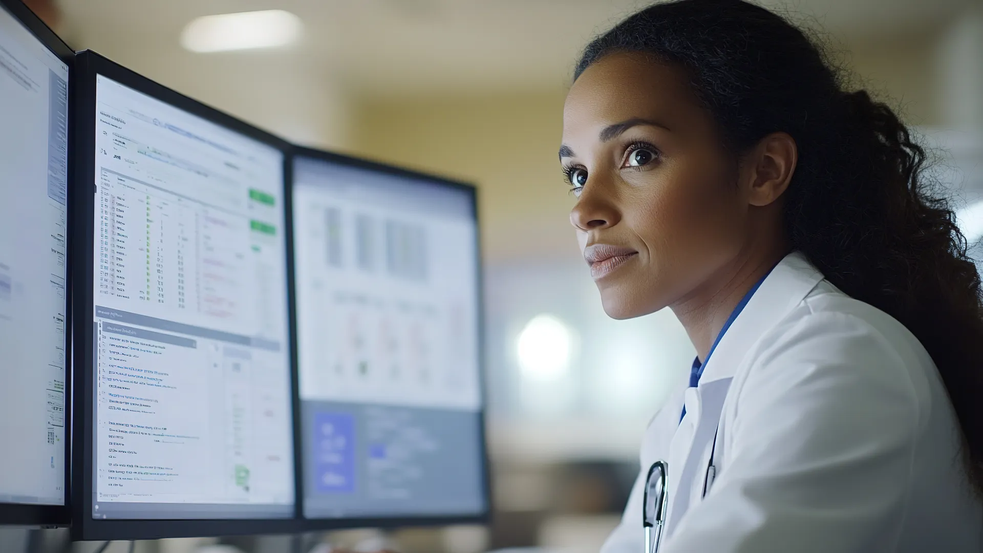 Female doctor focused on patient data displayed on dual computer monitors in a medical office setting.