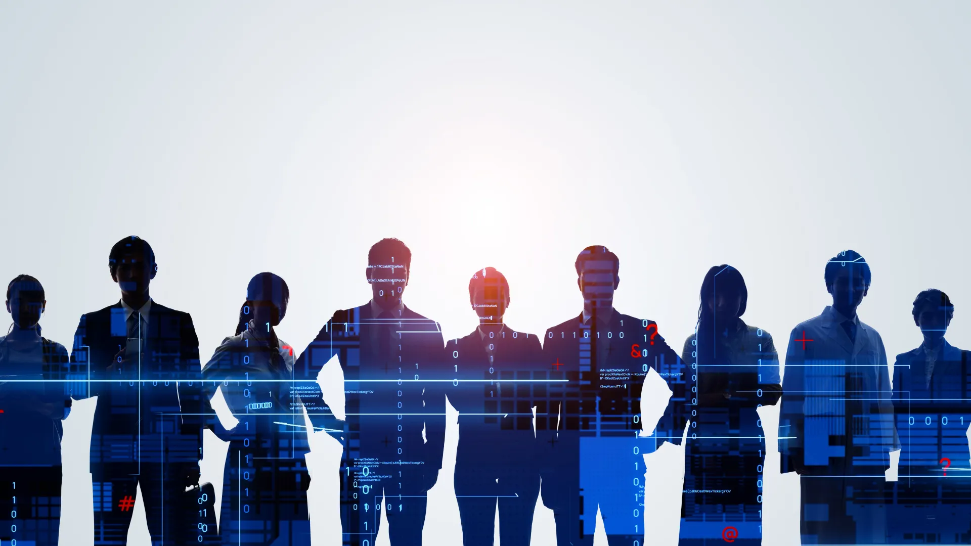 Silhouettes of diverse professionals with digital data and binary code overlay symbolizing teamwork and technology.