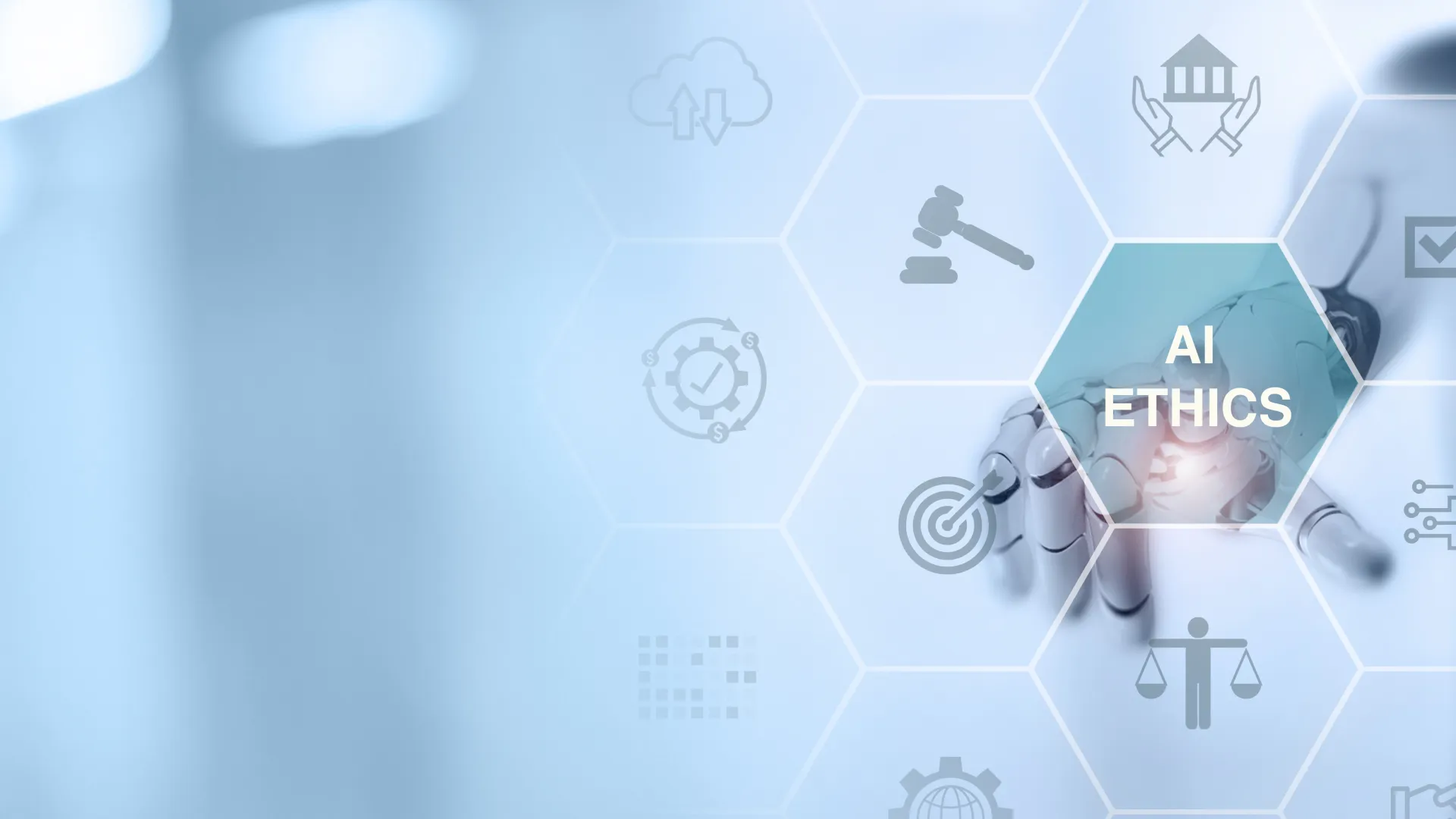 Person interacting with a digital interface focused on AI ethics and related icons in hexagonal shapes