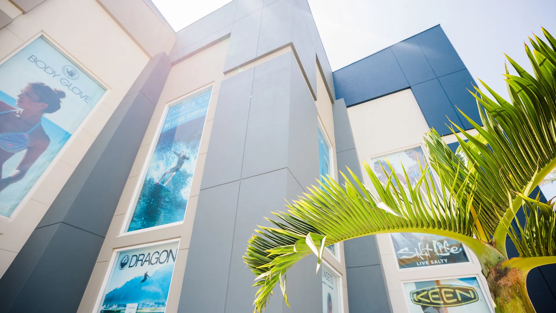 Exterior of a modern building with large surfing and outdoor gear advertisements and a palm tree in front.