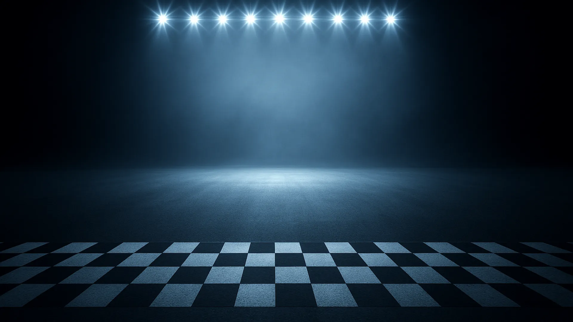 Empty dark stage with spotlight beams shining down and illuminated checkered finish line on floor.