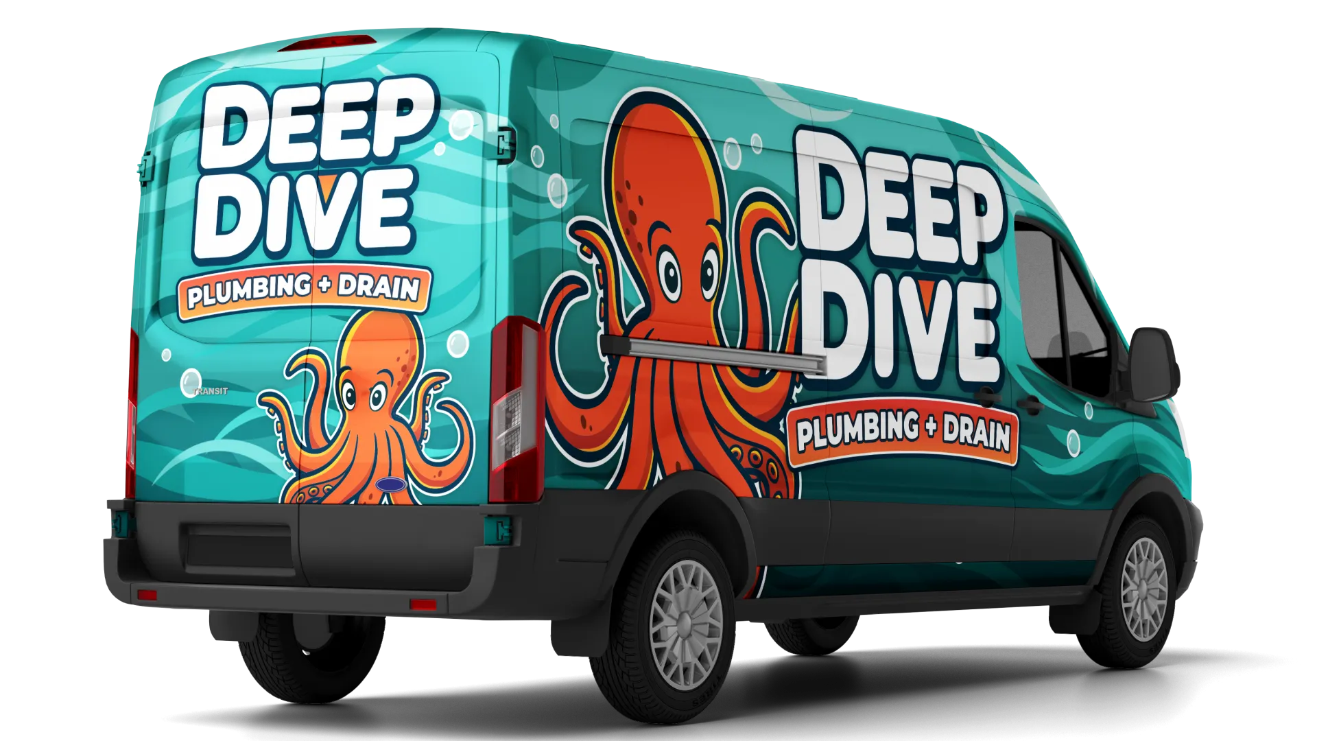 Blue plumbing van with orange octopus and Deep Dive Plumbing + Drain logo on side and back.
