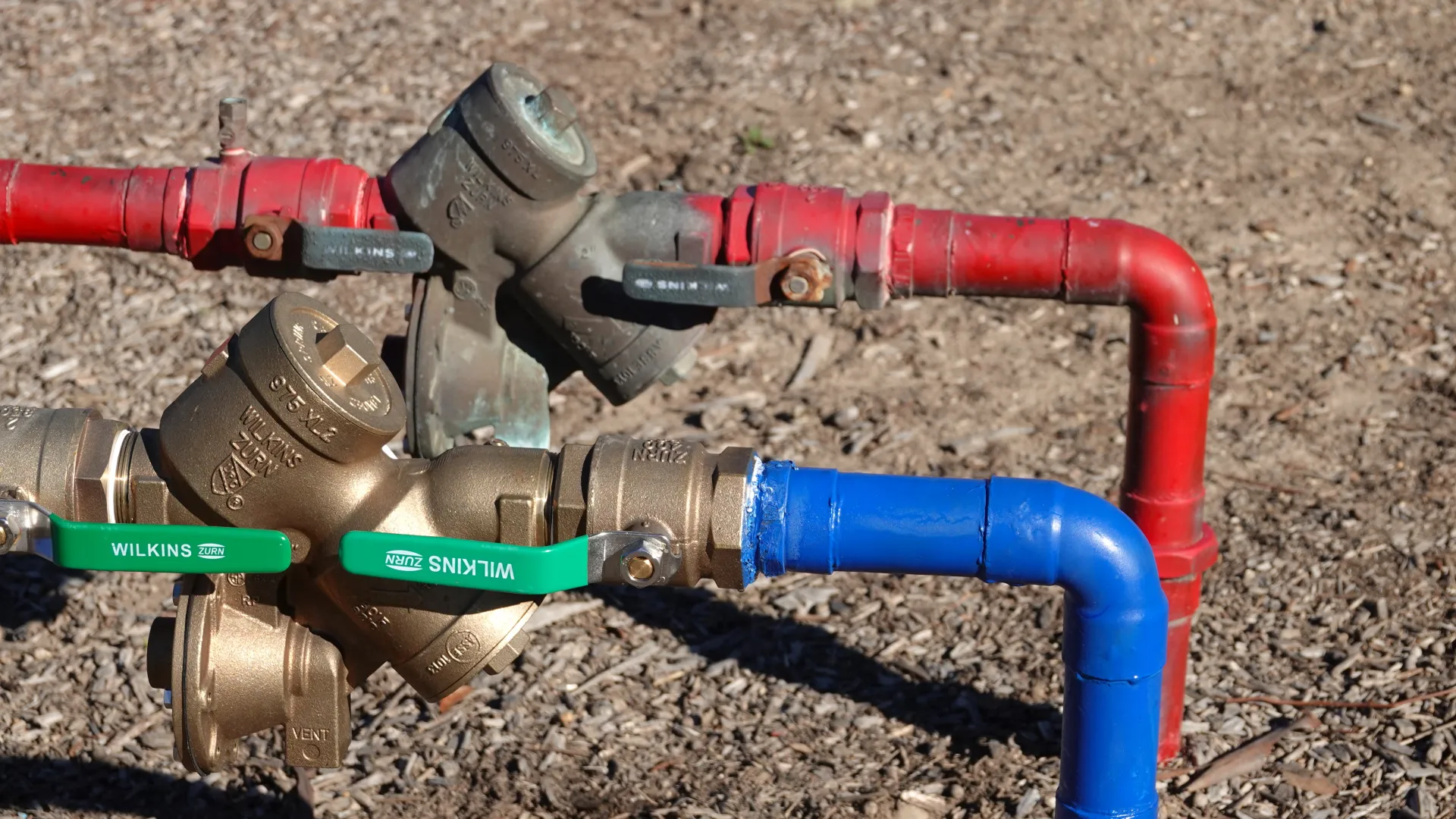 Red and blue outdoor water pipes connected to brass Wilkins valves on a dirt ground.