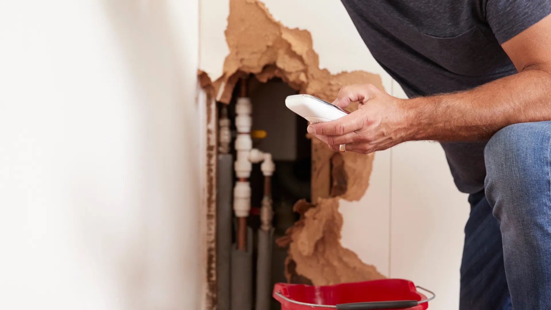 Man inspecting water damage behind wall with exposed pipes, red bucket, and yellow sponge on wooden floor.