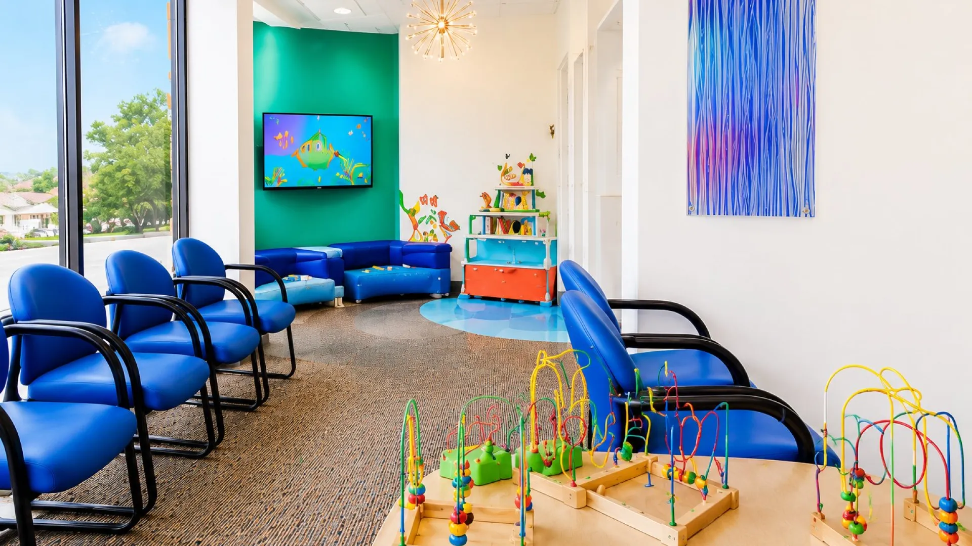 Bright pediatric waiting room with blue chairs, children's toys, colorful wall art, and large windows with natural light.