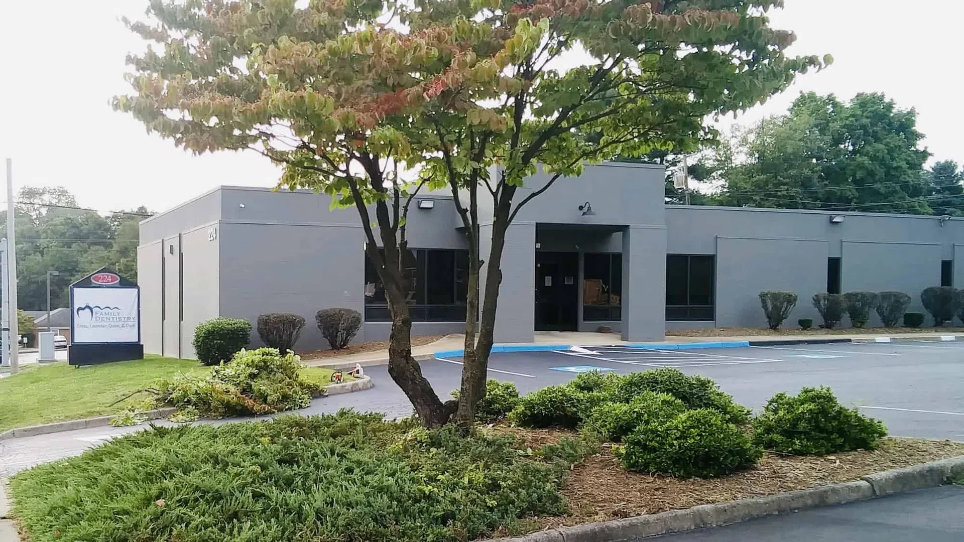 Modern gray commercial building with front landscaping and a tree in a parking lot on a clear day