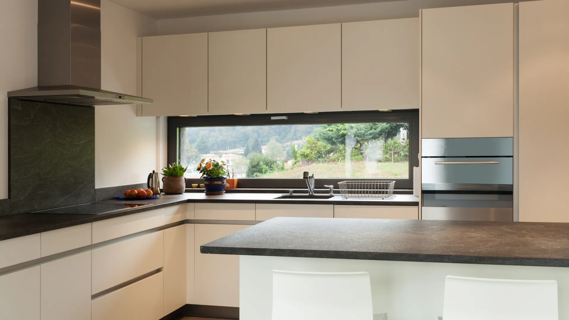 a kitchen with a large island