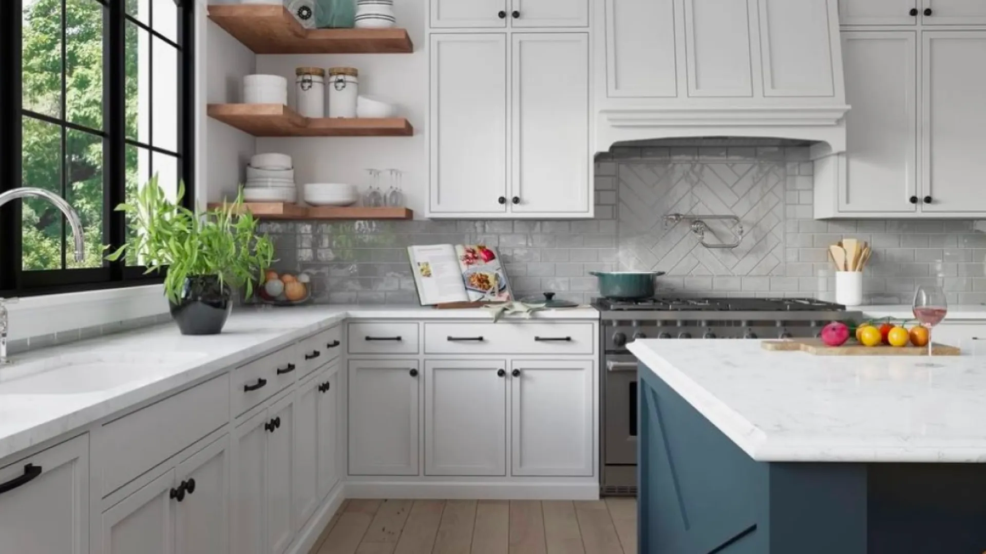 a kitchen with white cabinets