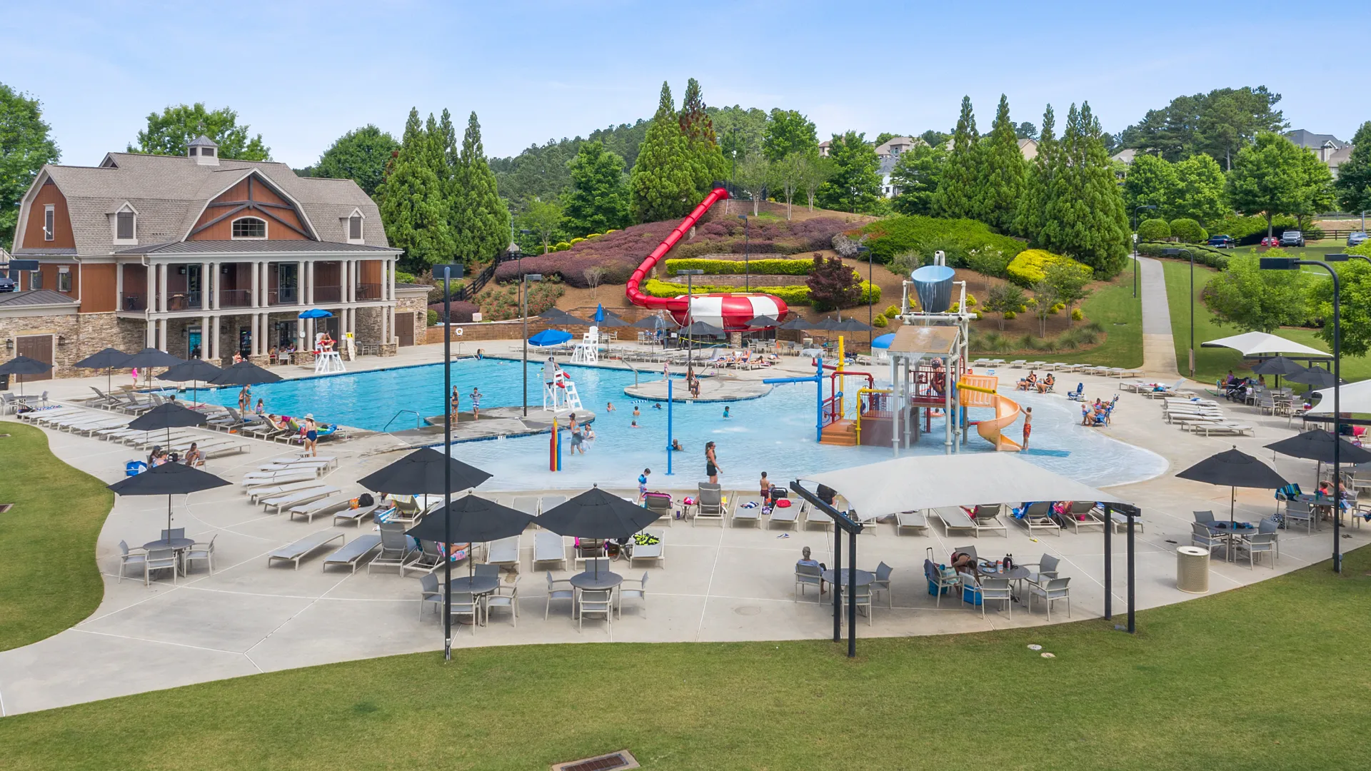 a swimming pool with people in it