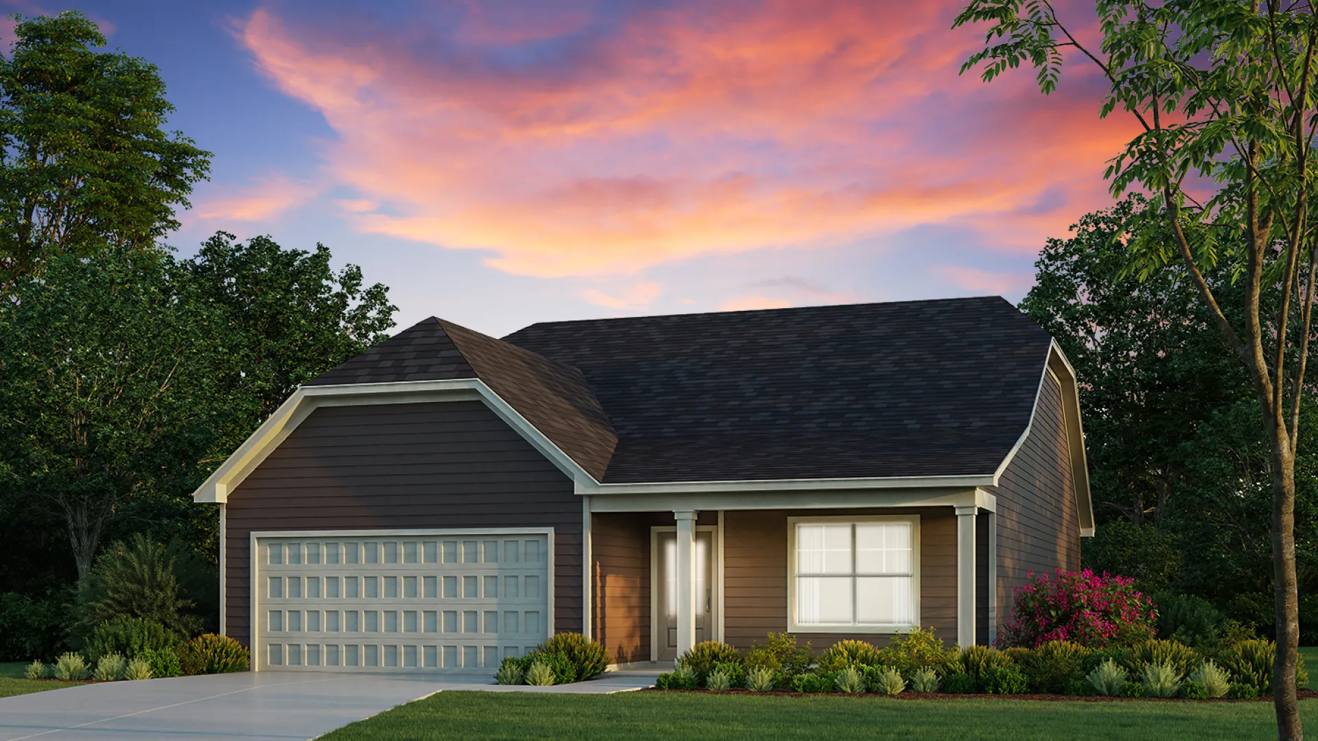 a house with a driveway and trees