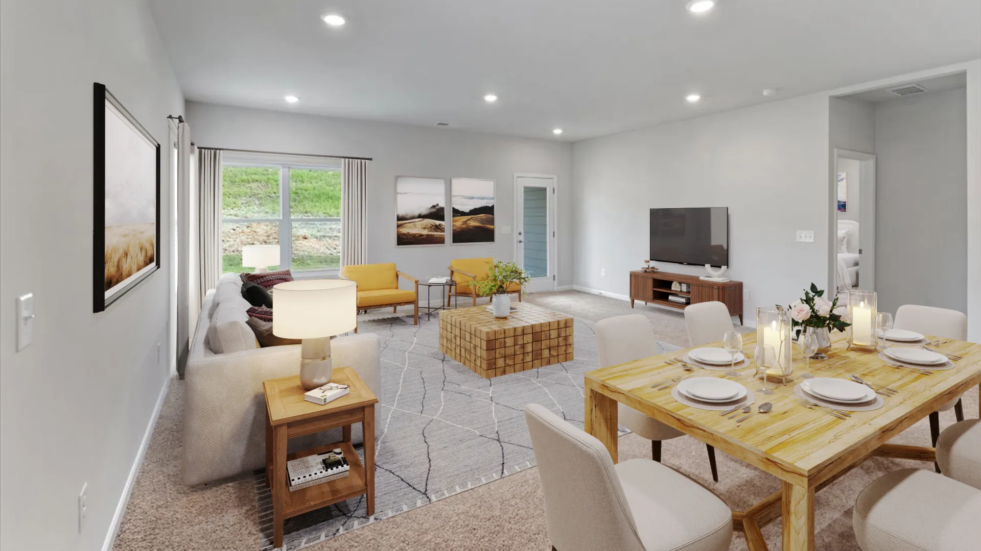 Bright open living and dining room with modern furniture, large window, TV, and wooden dining table set for six.