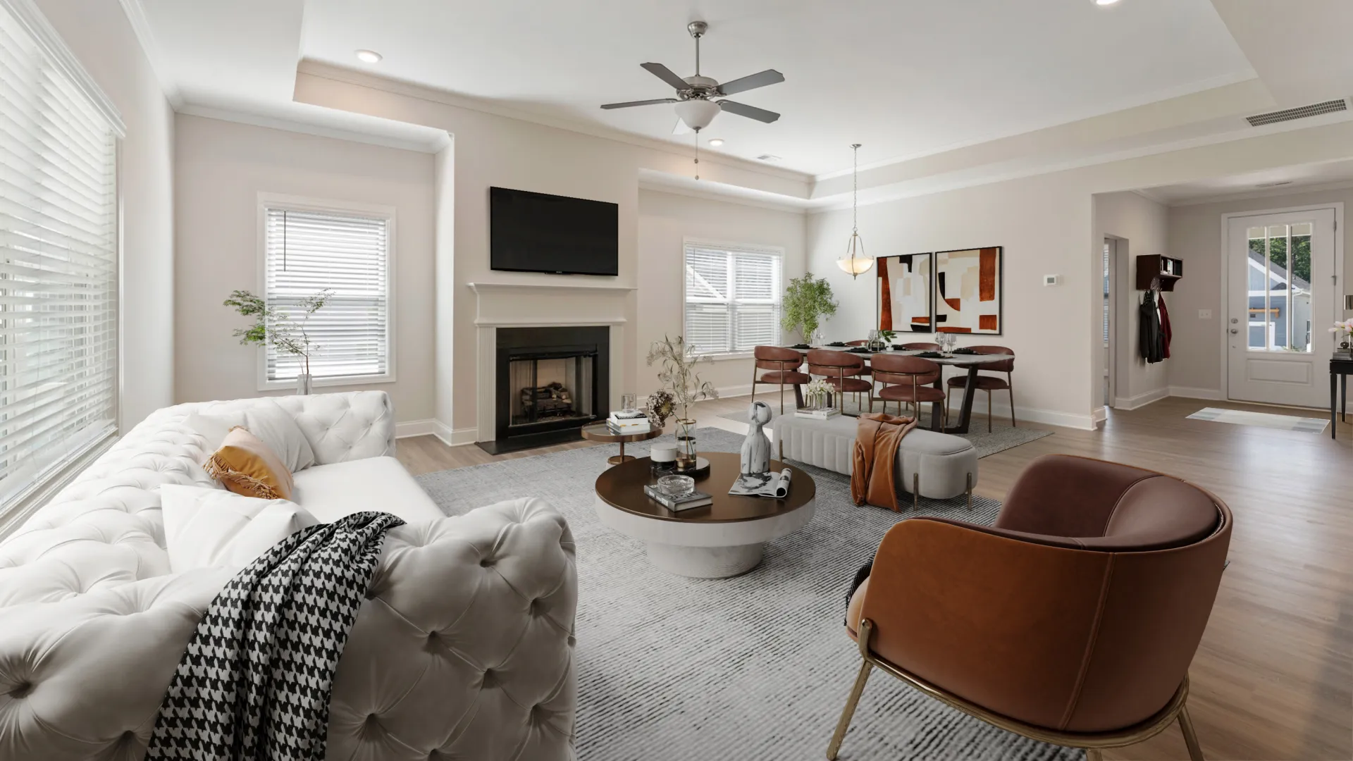 a living room with a fireplace