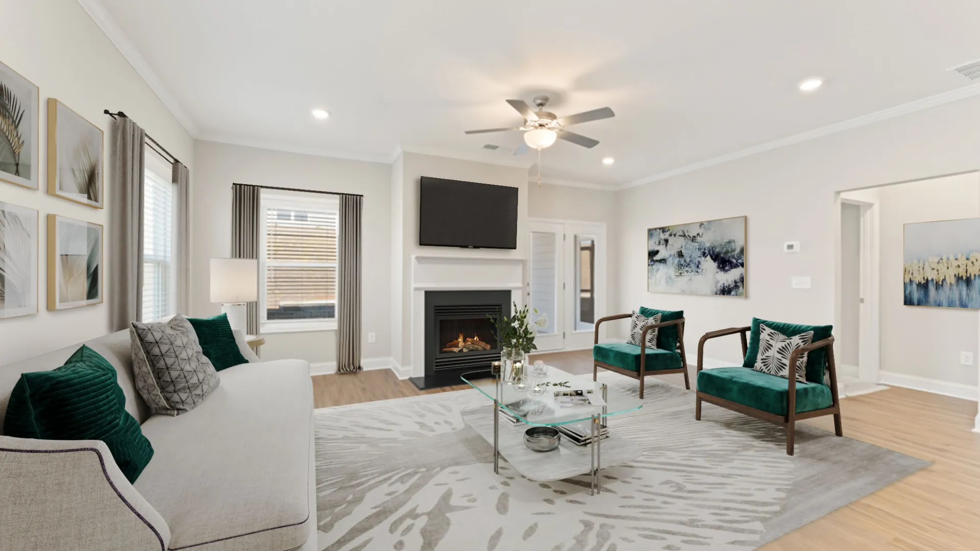 a living room with a fireplace