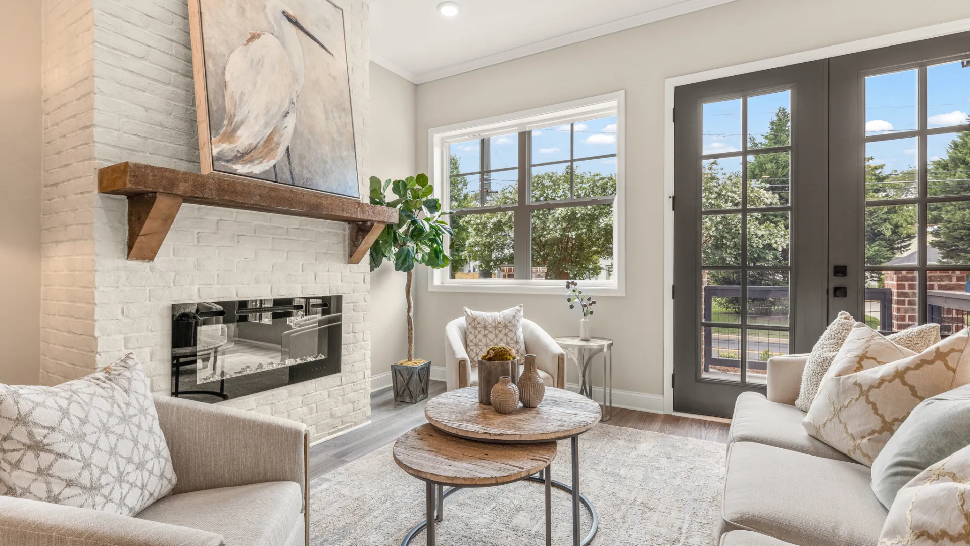 a living room with a fireplace