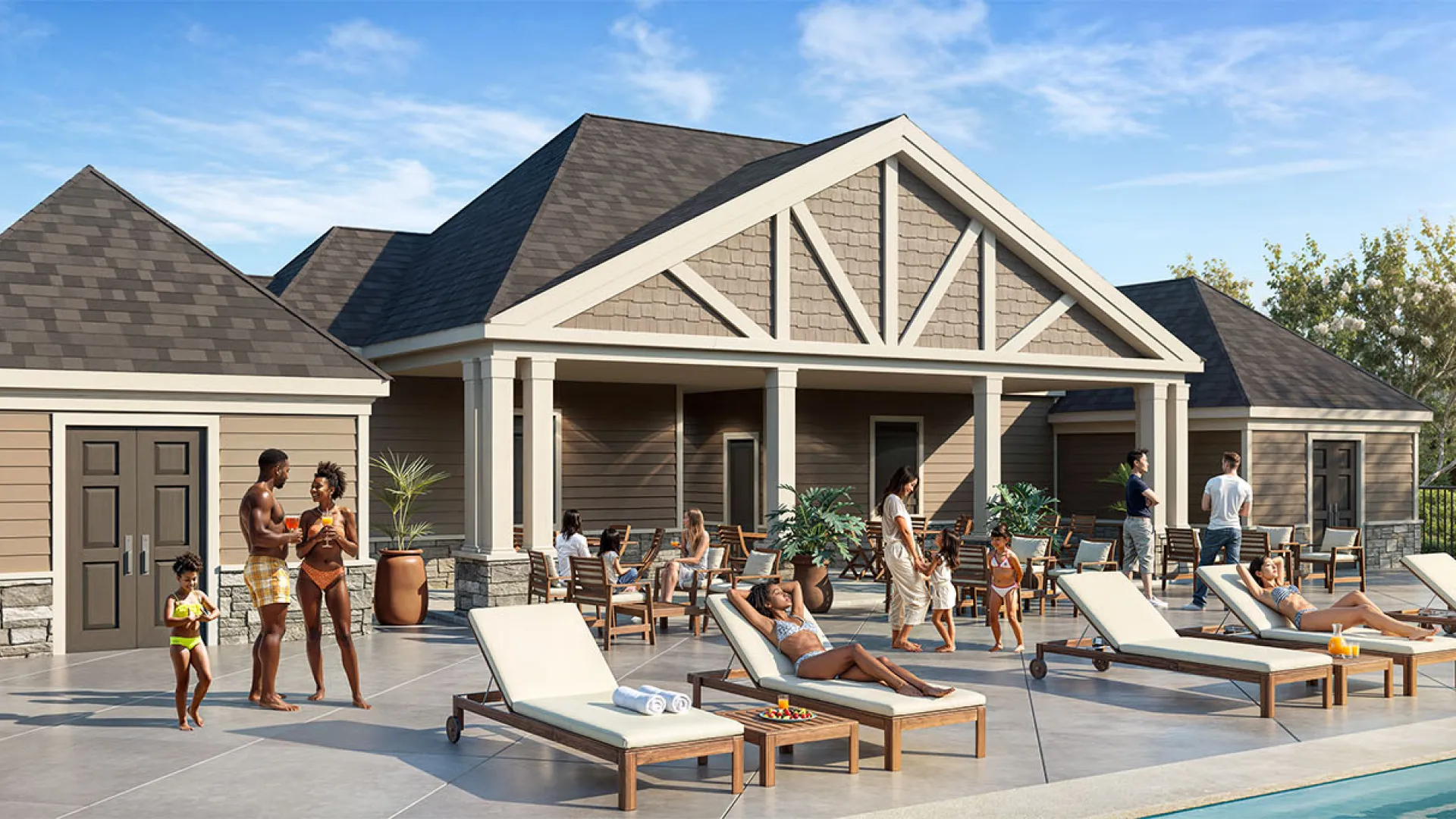 Modern poolside lounge area with people relaxing on chairs and socializing near a large clubhouse.