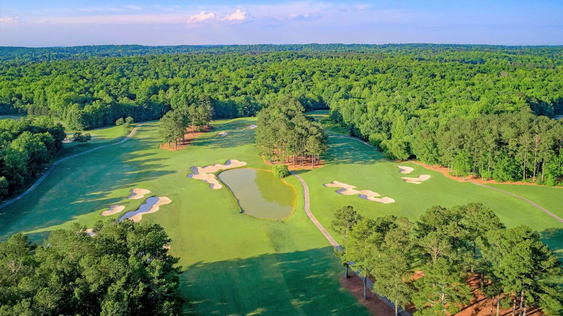 an overhead view of the green and bunkers at a golf course