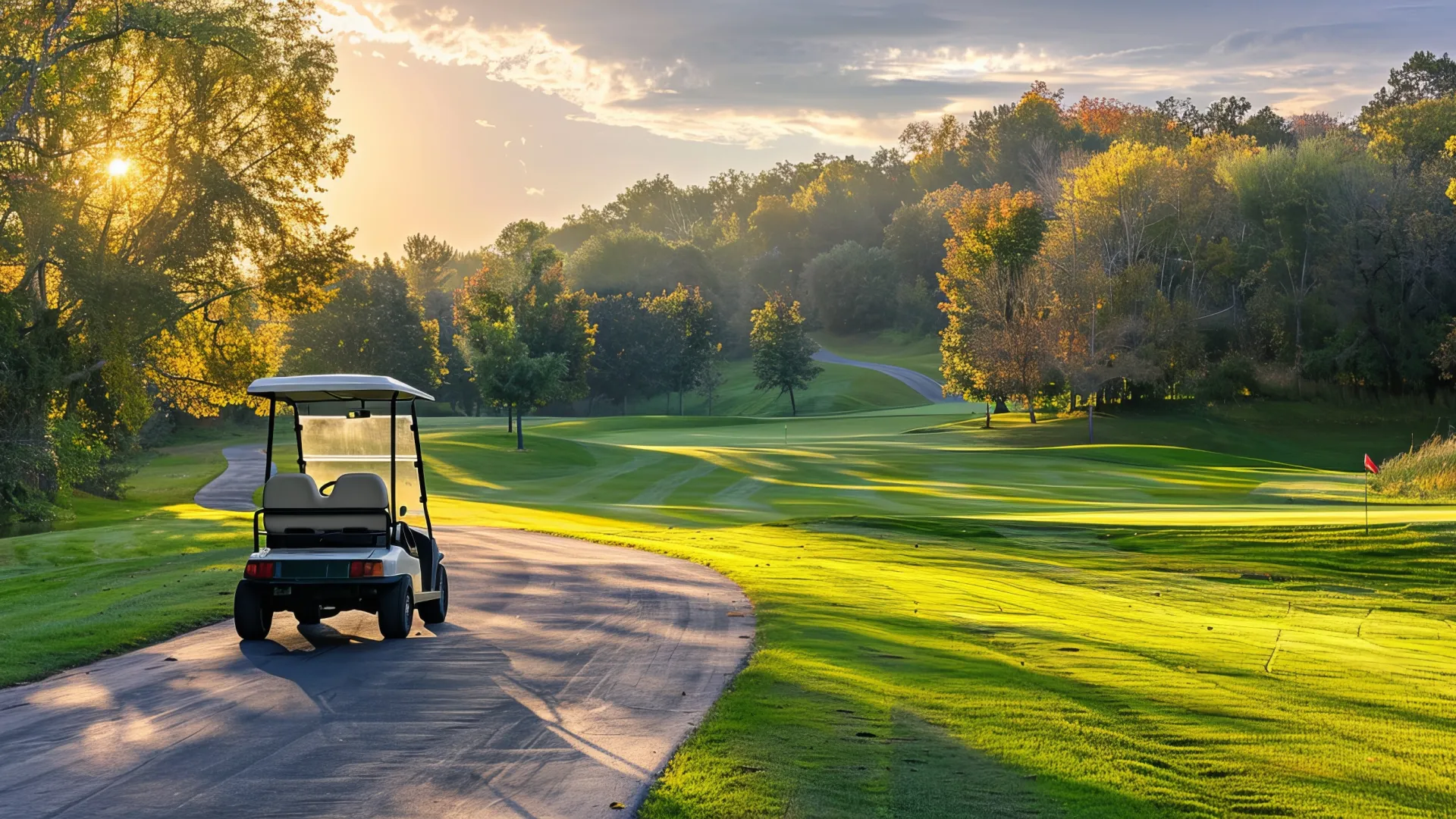 Golf cart on winding path at sunrise with green fairway and trees in a peaceful golf course landscape.