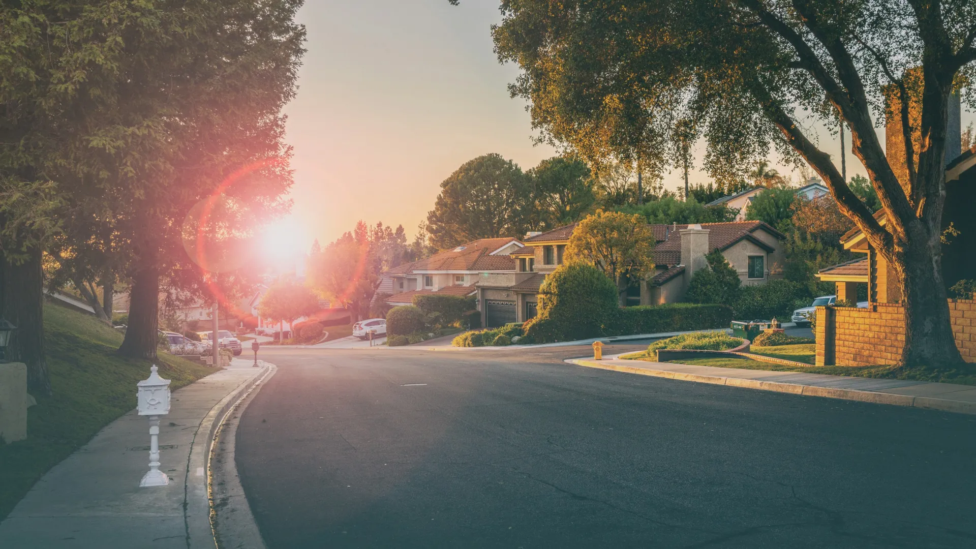 Quiet suburban street with houses, trees, and a setting sun casting warm light over the neighborhood.