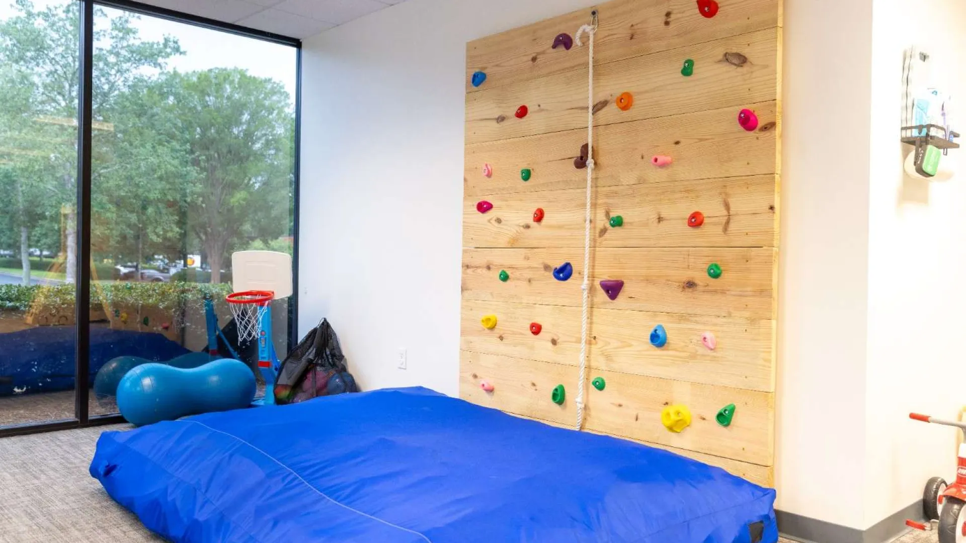 Indoor kids play area with a small climbing wall, blue crash mat, basketball hoop, and exercise ball near large windows