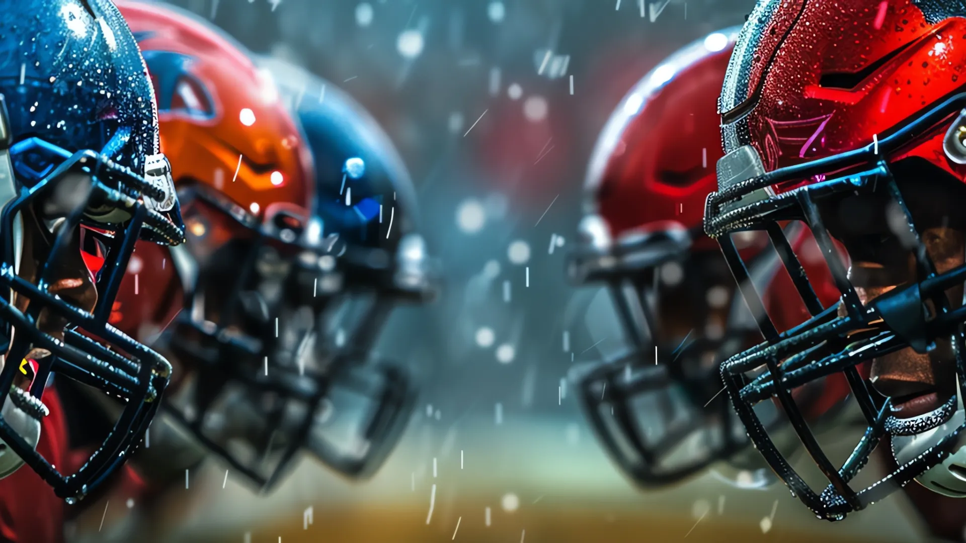 Close-up of American football players in blue and red helmets facing off during a rainy game.